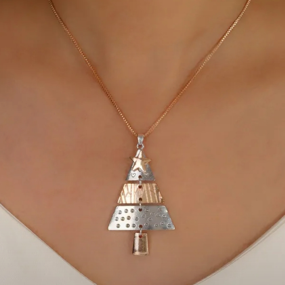 Elegant Silver and Gold Christmas Tree Pendant Necklace. NWT